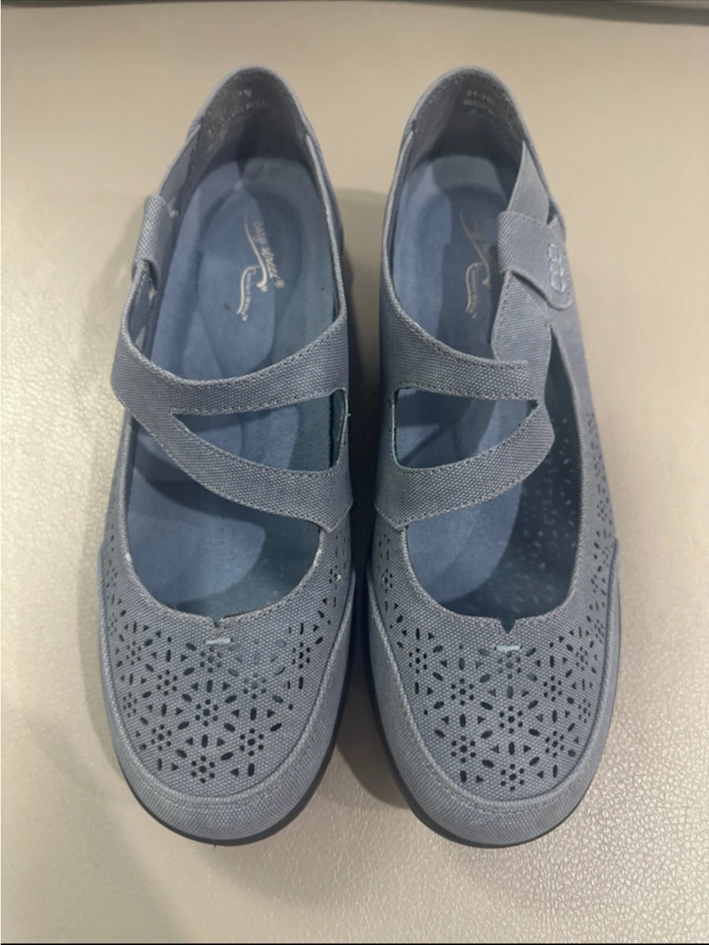 easy street Light Blue Mary Jane Flats with Laser-Cut Details